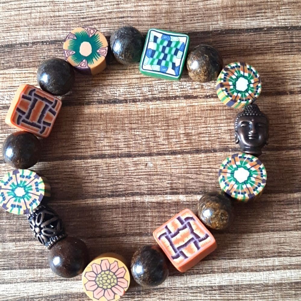 Bronzite & Clay Beaded Stretch Bracelet